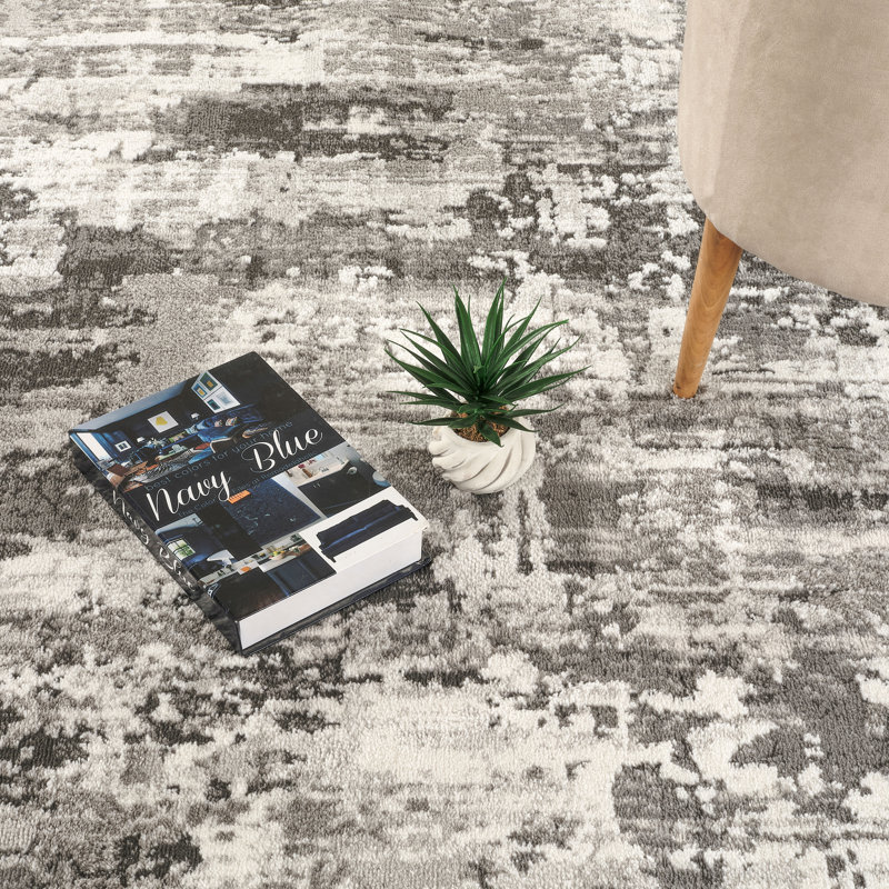 Andrew Gray & Ivory Abstract High-Low Modern Rug, 2'0" x 6'0", Gray/Ivory