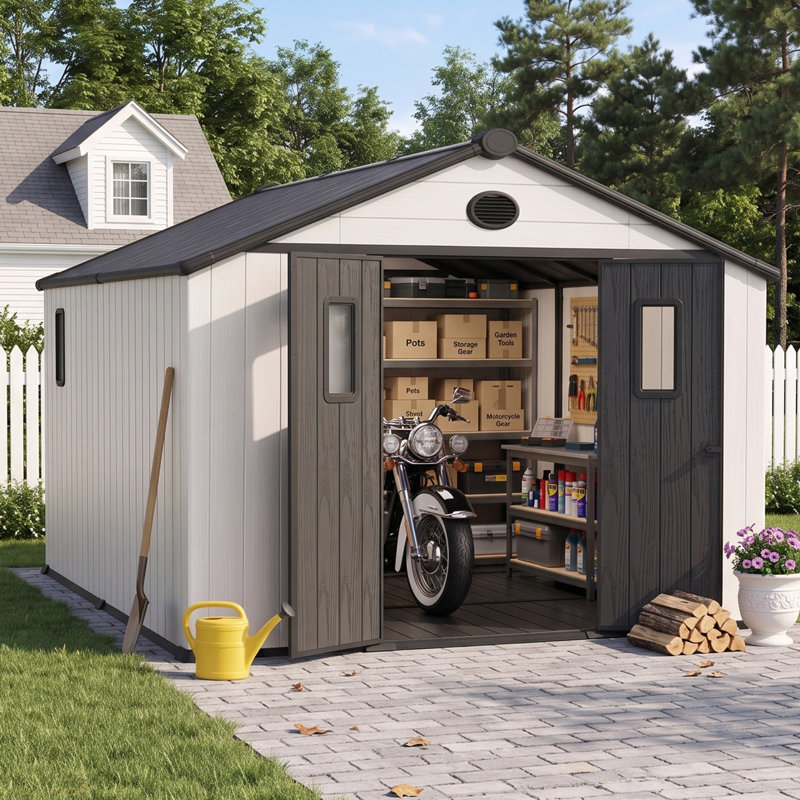 10 x 12 FT Resin Outdoor Storage Shed with Windows and Lockable Door, Plastic Garden Shed with Floor for Lawn Mower, Bikes, Pool Supplies and Tools