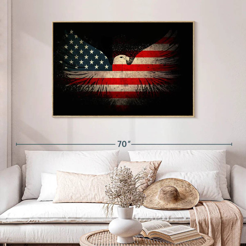 Aigle américain et drapeau, Cadre flottant en bois naturel, 46 po x 31 po