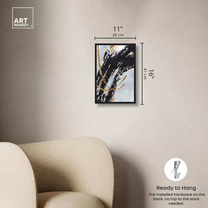 «Think Gold I» sur toile, peinture abstraite par Art Remedy, Cadre noir, H 16 po x l 11 po