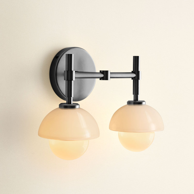 Modern Pod Double Armed Sconce – Metal, Glass & Matte Black, Ivory White 2-Light Hardwired Dimmable Wall Sconce for Bathroom or Hallway in Modern, Mid-Century, and Contemporary Style