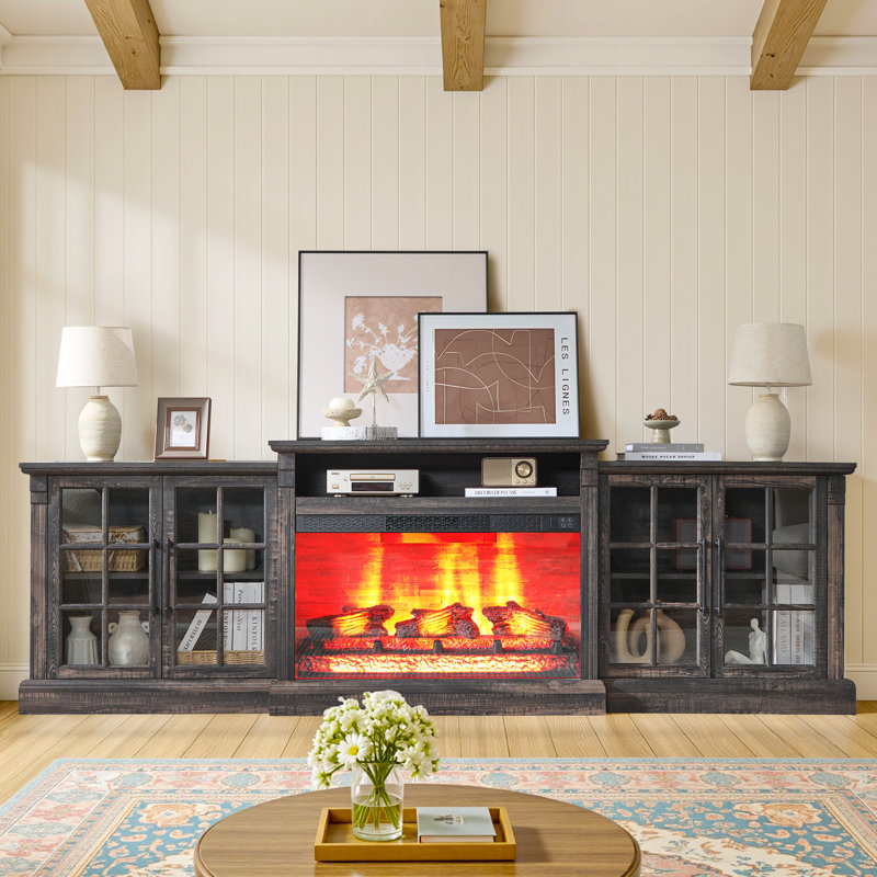 97"W Farmhouse Fireplace TV Stand for TVs up to 88" with Ample Storage Space and Adjustable Shelves,Black, Black