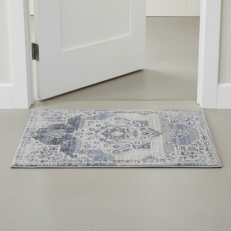 PAYAS Collection Cream / Blue Medallion Doormat Rug, Rectangle 2' x 3'