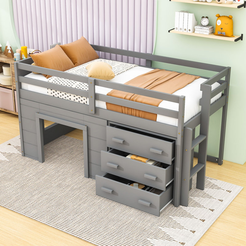 Lit mezzanine simple en bois avec tiroirs et tablette de rangement intégrés, Gris