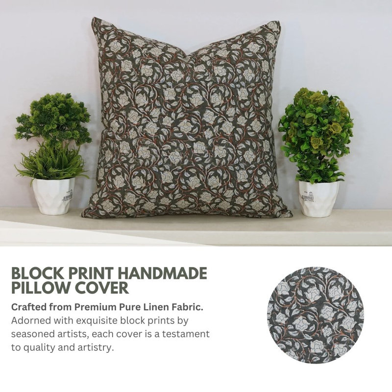 Linen Pillow Cover, 14" x 36", White/Brown Floral 3, Rectangular
