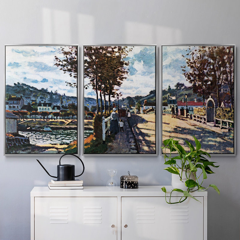 «The seine at bougival» par Monet, reproduction sur toile flottante 3 pièces, H 24 po x l 48 po x P 2 po, Argent