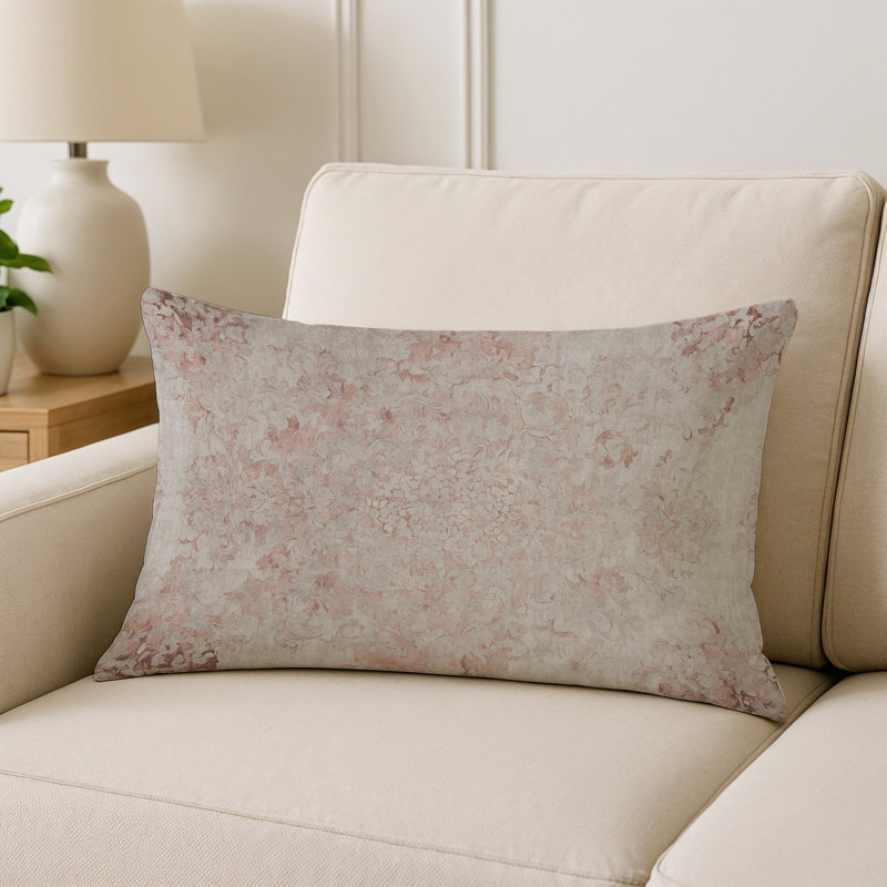 Coussin décoratif intérieur et extérieur Modern, Beige / rose clair / damas blanc, Rectangle H 20 po x l 14 po