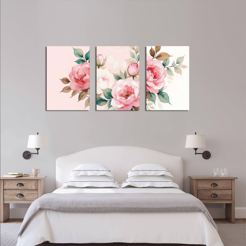 «Blush Pink Floral», reproduction d'art sur toile tendue sur toile (ensemble de 3), H 18 po x l 36 po