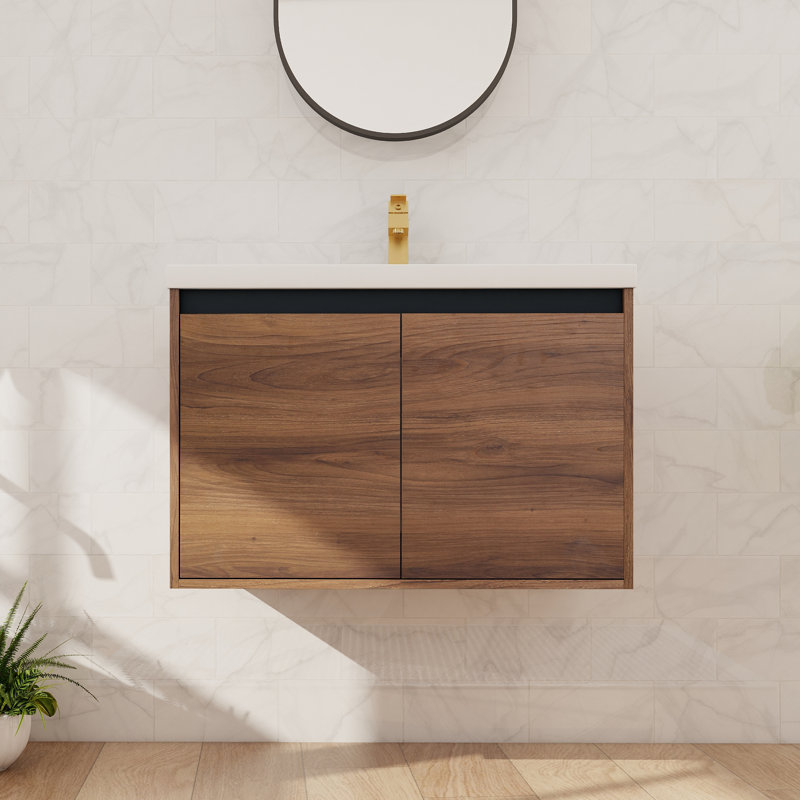 Meuble-lavabo flottant simple 30 po avec lavabo en résine et meuble-lavabo mural 2 portes, 30", Brun