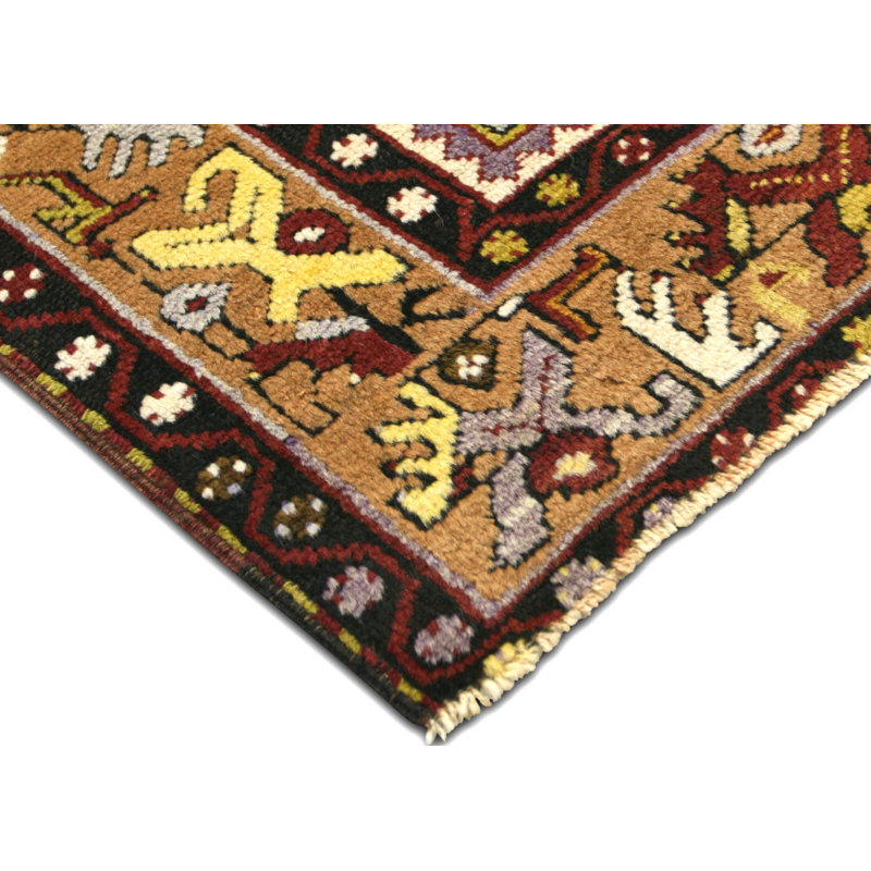 Tapis unique en laine noué à la main de style années 1960 de 3 pi 7 po x 7 pi en rouge / jaune / mauve / noir