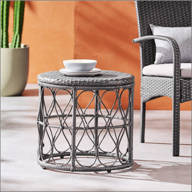 Charming Wicker Weave Side Table With Durable Polyethylene Rattan For Outdoor And Indoor Use, Perfect For Boho Decor, Gray