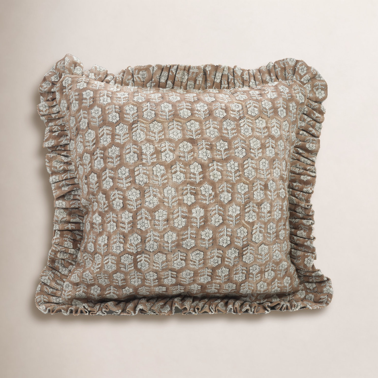 Handmade Linen Pillow Cover, Brown Floral/Block Print, 14"H x 14"W