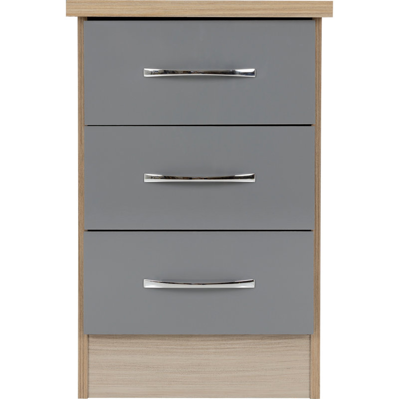 Cascio 3 Drawer Bedside Table, Grey Gloss/Light Oak Effect Veneer