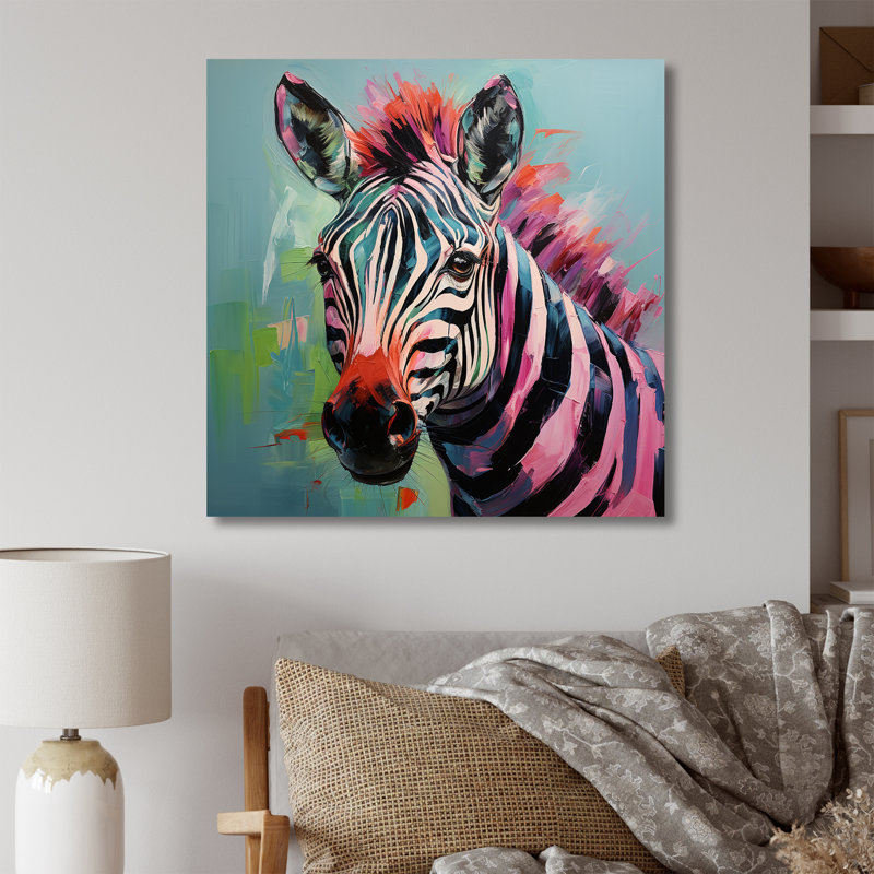 Rose et vert Boho Zebra III - Art mural animal zèbre, Toile tendue, H 16 po x l 16 po x P 1 po