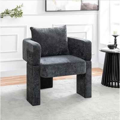 Modern 3-Leg Chenille Dining Chair With Ergonomic Arms & Removable Pillow, Comfy Accent Chair, Small Space Armchair For Living Room, Bedroom, Dining R by George Oliver