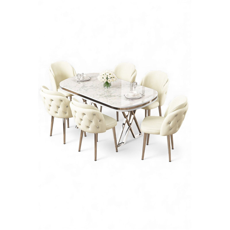 Ensemble de table et chaises de salle à manger (7 pièces), 7 pièces : table, 6 chaises, Marbre blanc / Chrome, Crème