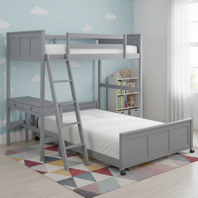 Solid Wood L Shaped Twin Over Full Bunk Bed with Desk for Bedroom