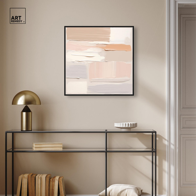 Art abstrait sur toile neutre de rosé crème par III , H 13 po x l 13 po, Cadre flottant, Noir