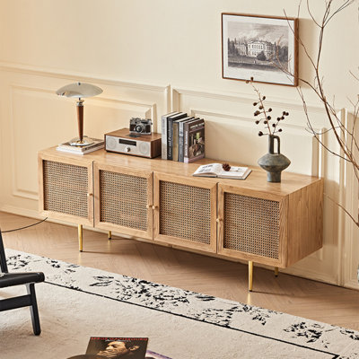 Mid-Century Modern Solid Wood Rattan TV Stand