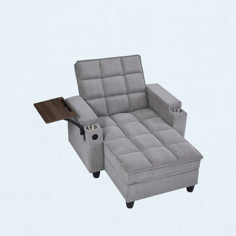 Chaise longue, canapé-lit avec dossier réglable à 6 positions, ports USB, porte-gobelet et table d'appoint pivotante