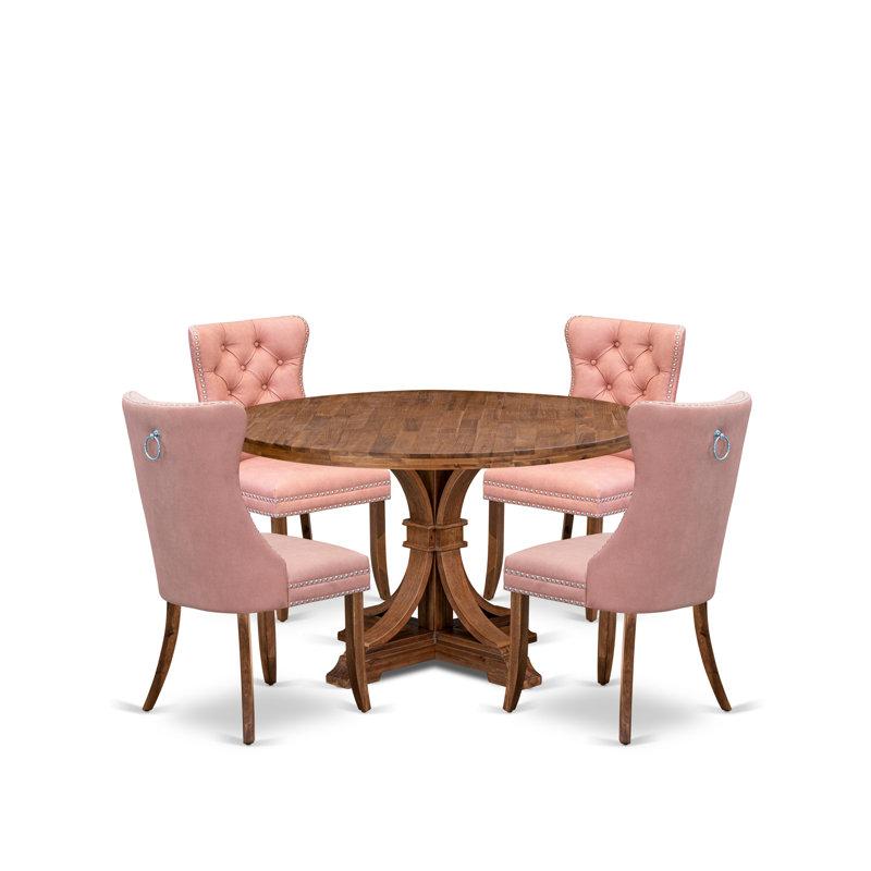 Ensemble de table de salle à manger 5 pièces comprenant une table de cuisine et 4 chaises Parson en tissu de polyester beige rouge avec dossier capitonné, noyer antique