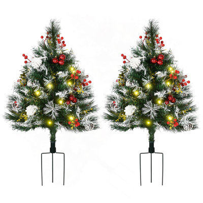 Arbre de Noël artificiel pré-éclairé 2,5 pi avec 2 branches 2,5 pi / 30 po, 70 lumières DEL blanc chaud, baies rouges, pommes de pin, boules, vert