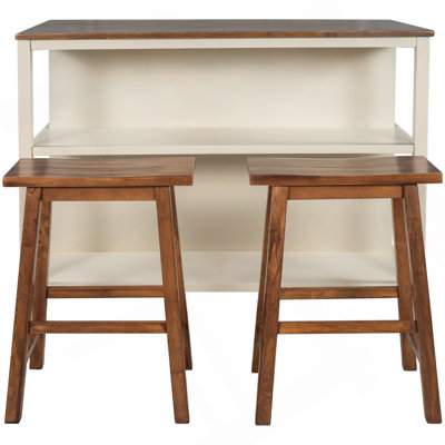 Solid Wood Rustic 3-Piece 45" Stationary Kitchen Island Set With 2 Stools, Rubber Wood Prep Table Set With 2 Open Shelves by Loon Peak
