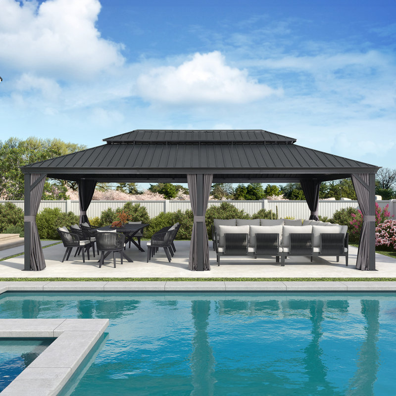 PURPLE LEAF 14' X 24' Permanent Hardtop Gazebo Aluminum Gazebo with Galvanized Steel Double Roof for Patio Lawn and Garden, Curtains and Netting Included, Gray