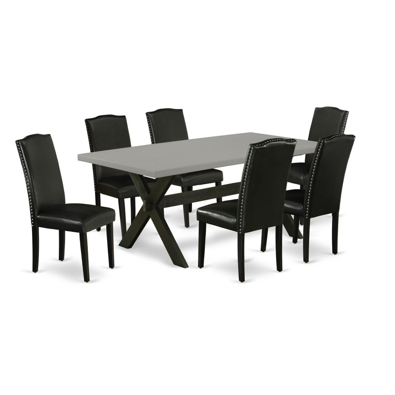 Ensemble de salle à manger 7 pièces composé d'une table de salle à manger rectangulaire avec pieds en X et 6 chaises Parson revêtues de similicuir noir, noir brossé