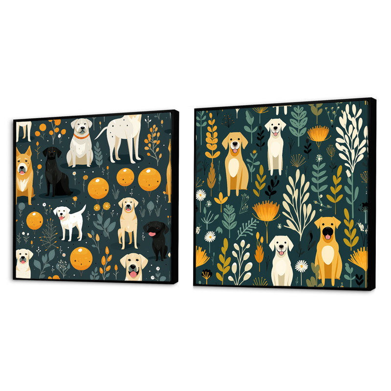 «Playtime Labrador Animal Print For Kids», ensemble de 2 animaux carrés, Cadre flottant noir, H 16 po x l 33 po