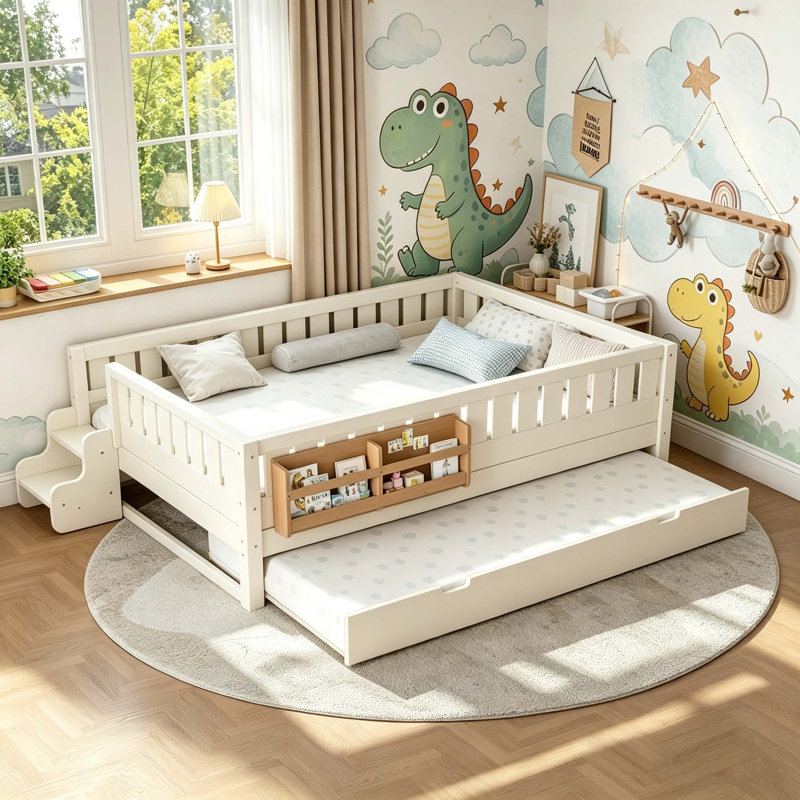 Lit avec étagères intégrées et petit escalier, Beige