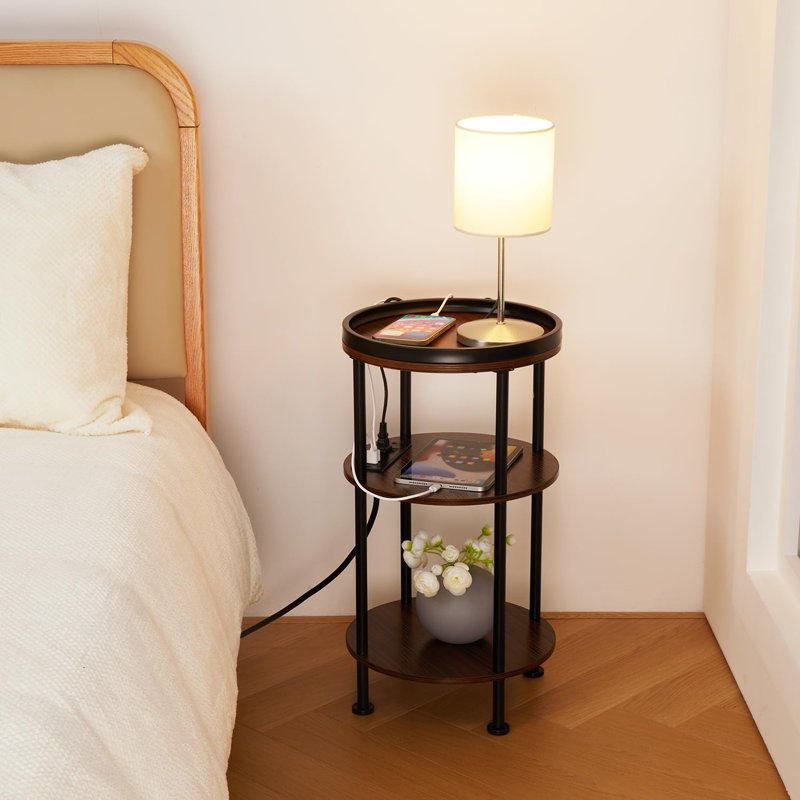 Round Accent Table - 3-Tier Charging Side Table with Power Outlets for Small Spaces, Dark Wooden