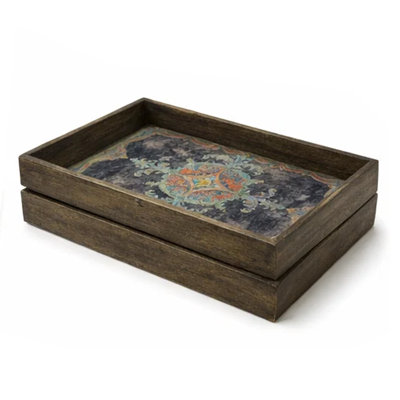 Decorative Serving Tray Set Of 2, Vintage Damask Patterns, Brown