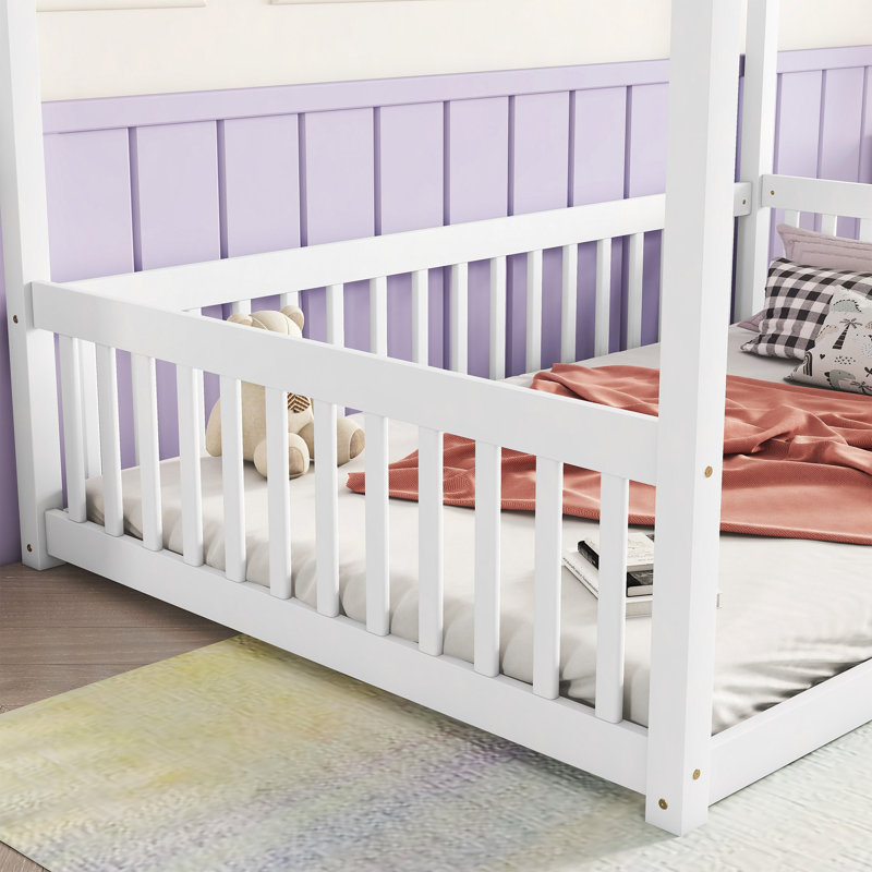 Canopy Frame Floor Bed With Fence, Guardrails, White, Full