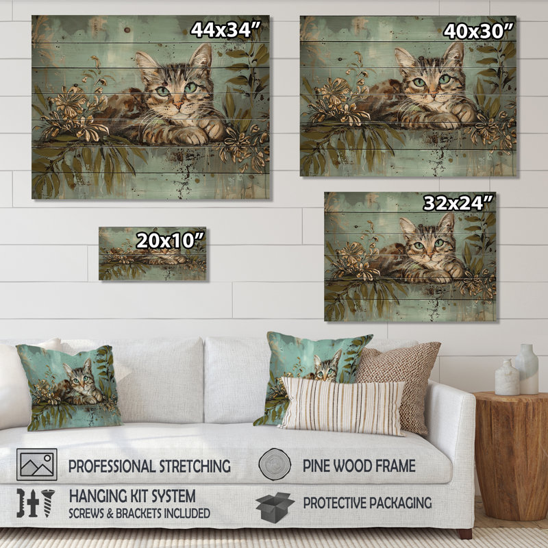 Chat rétro ludique I, impression sur bois gris moderne sur bois de pin naturel, H 34 po x l 44 po