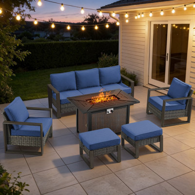 Drazen 7 - Person Patio Furniture Set With Fire Pit Table, All-Weather Wicker Outdoor Conversation Set With Chair And Thick Cushions