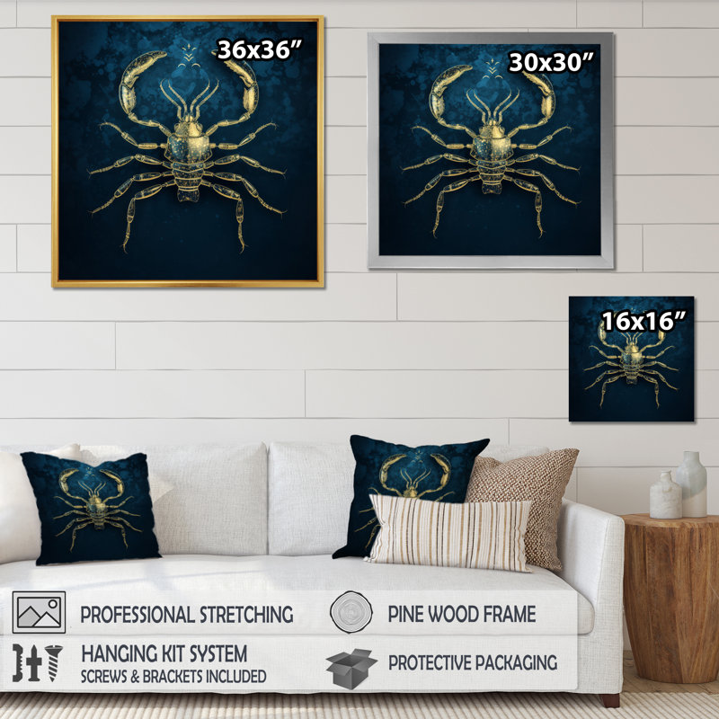 Exquis Scorpion doré sur bleu sur toile, H 36 po x l 36 po x P 1,5 po, Cadre flottant doré