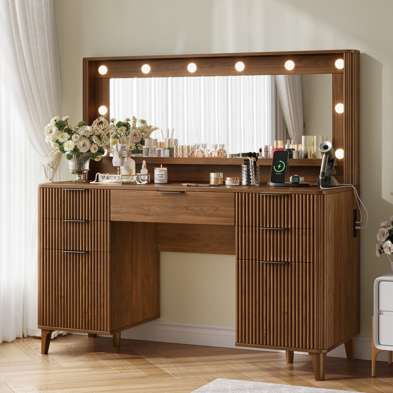 Meuble-lavabo cannelé avec grand miroir 39,3 po et lumières, Noyer