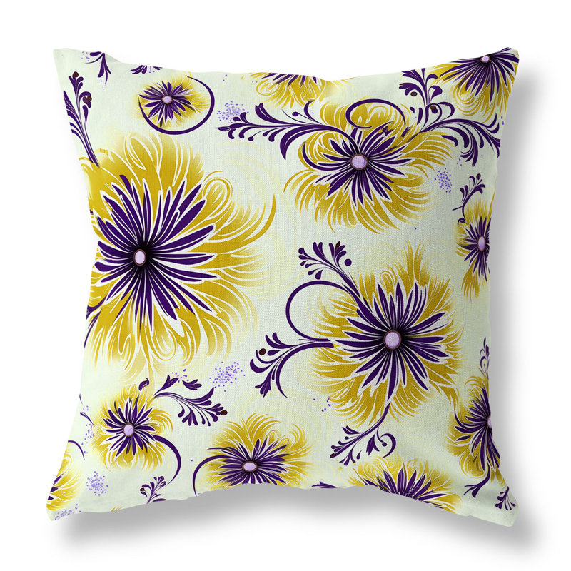 Coussin Breezy, H 20 po x l 20 po, Jaune / floral mauve