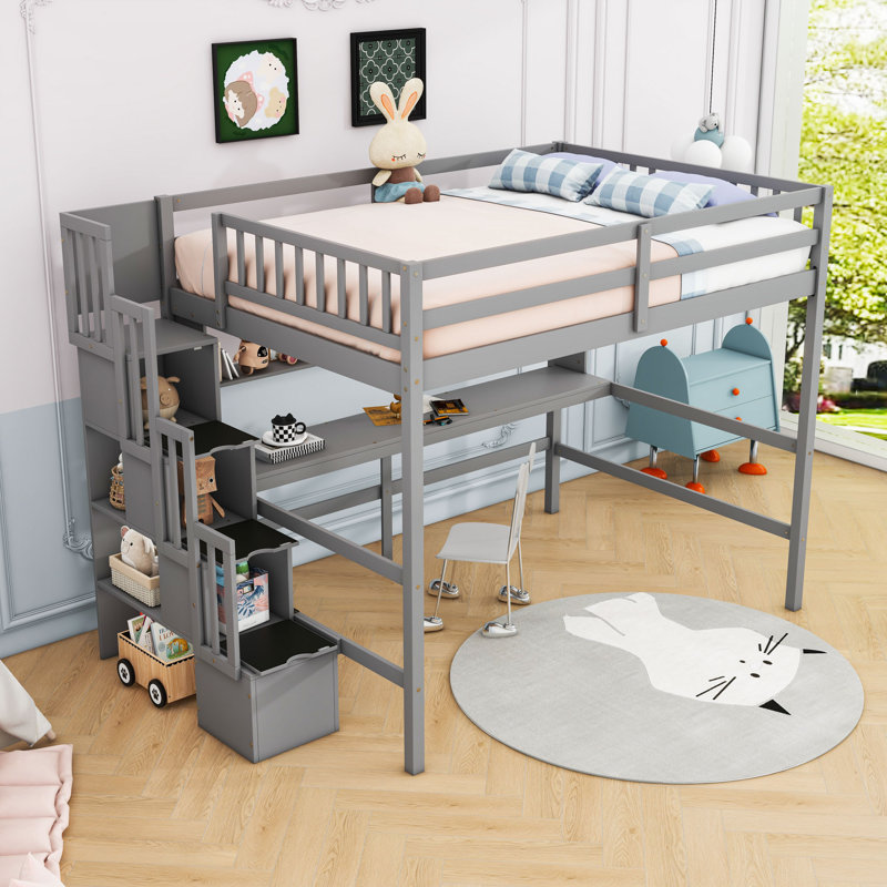 Full Loft Bed With Desk, Bookshelves And Storage Staircase, Gray