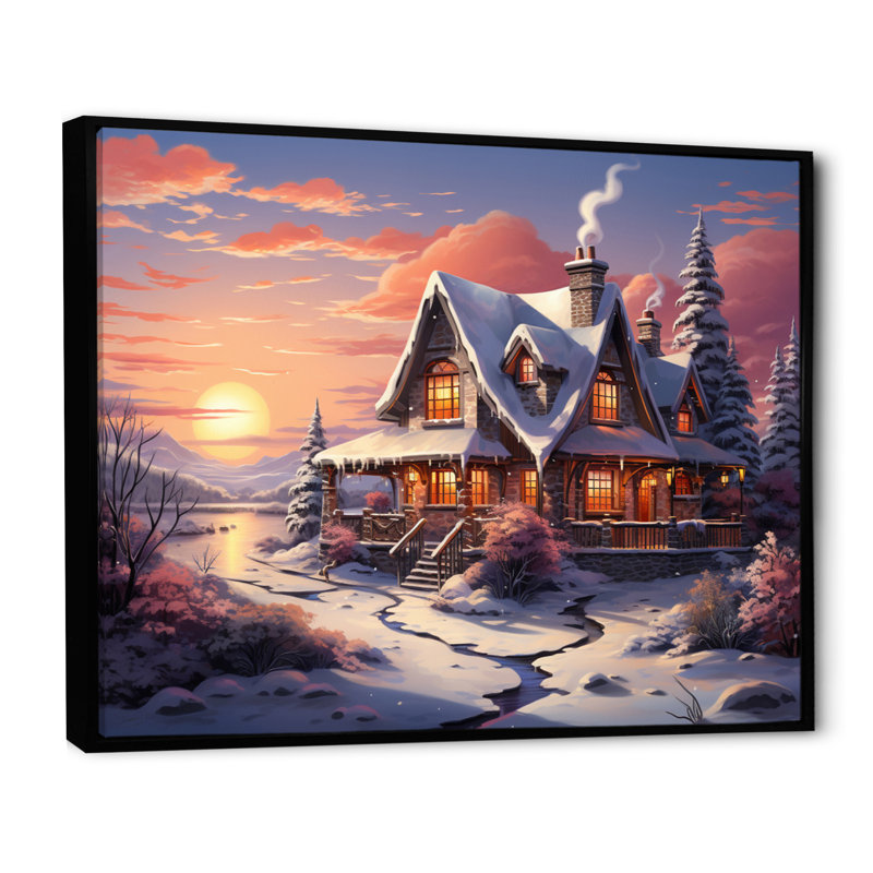 «Winter Snowy Cottage II», reproduction sur toile, Cadre flottant noir, H 12 po x l 20 po x P 1 po
