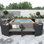 Ensemble de canapés modulaires en rotin pour l'extérieur avec cadre mini spa, sièges en bois et espaces de rangement, gris
