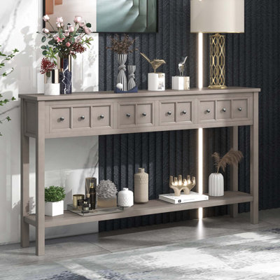 Longue console rustique avec tiroirs de différentes tailles et tablette inférieure pour le rangement