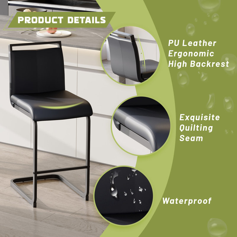 Black Faux Leather Counter Stools with Metal Frame, Set of 2