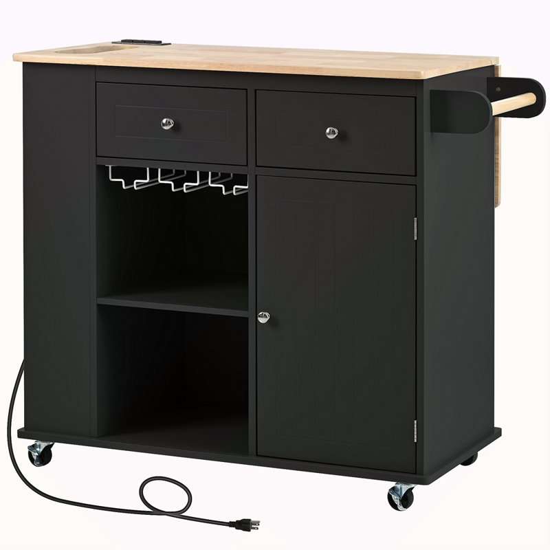 Kitchen Island With Power Outlet,Kitchen Storage Island With Drop Leaf And Rubber Wood,Open Storage And Wine Rack,5 Wheels,With Adjustable Storage For Home, Kitchen, And Dining Room