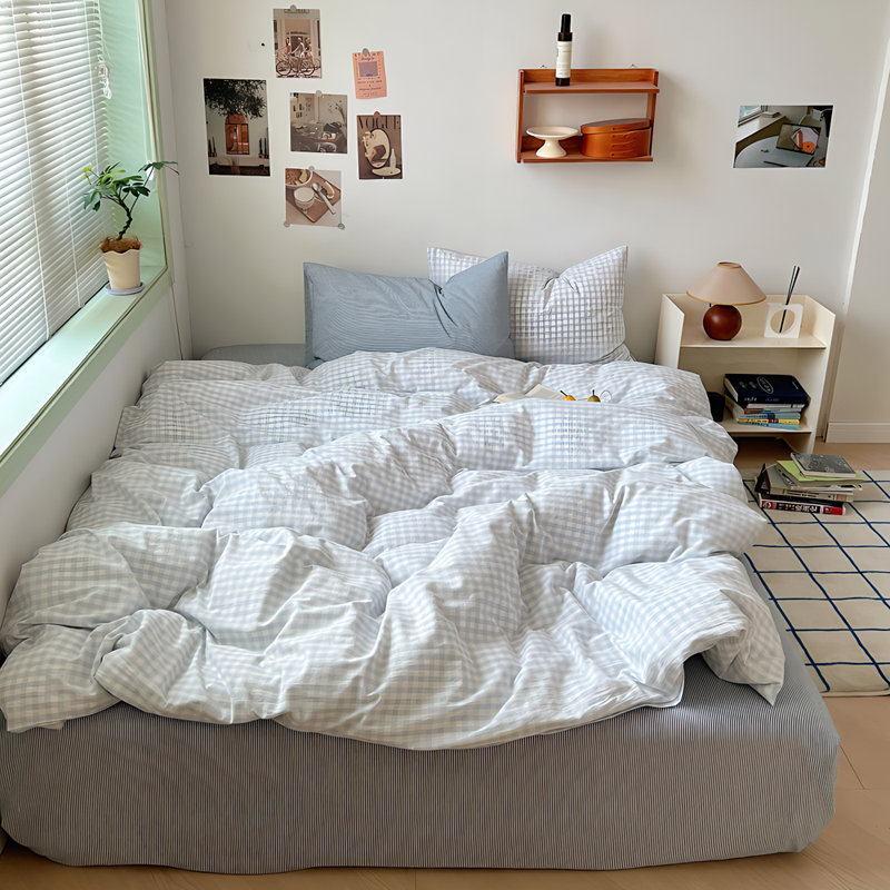 Ensemble de literie à carreaux Nhooroom, Bleu, Housse de couette grand et 2 taies d'oreiller stan