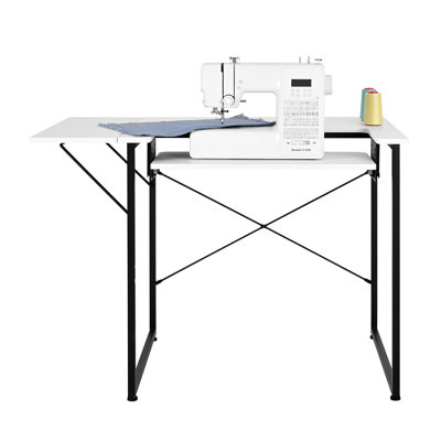 Table de couture blanche multifonctionnelle avec tablette latérale pliable et rangement réglable, bureau d'ordinateur à pattes en acier pour la maison ou l'atelier