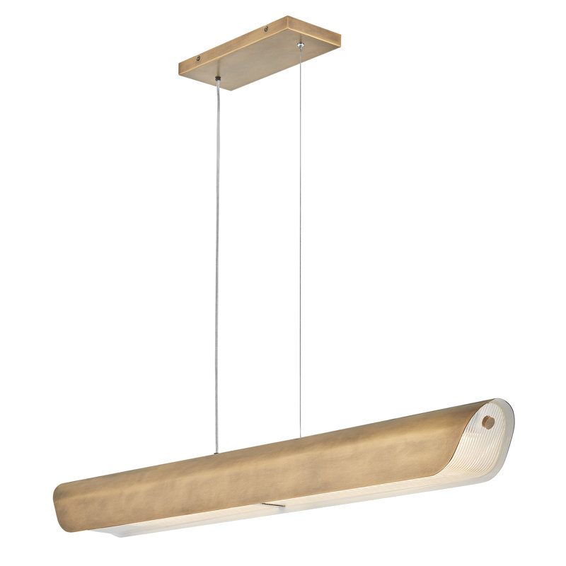 Arco Integrated LED Linear Chandelier w/ Heavy Clear Ribbed Glass, Heritage Brass