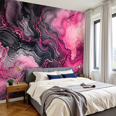 Peel and Stick Wallpaper Abstract Black Pink Marble Texture Fluid Ink Patterns Wall Murals 100"H x 144"W Removable PVC Wall Paper Self-Adhesive Wall Decor for Bedroom Living Room Home Office