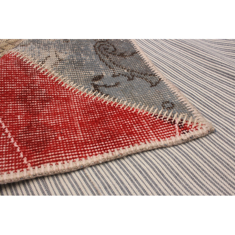 Tapis unique en laine noué à la main style patchwork bleu / gris / jaune années 2010 5 pi 8 po x 7 pi 8 po Balyon